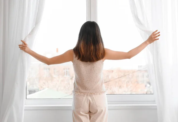 Pretty Young Asian Woman Opening Curtains Room — Stock Photo, Image