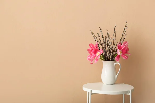 Jug Pussy Willow Branches Tulip Flowers Table Beige Wall — Stock Photo, Image
