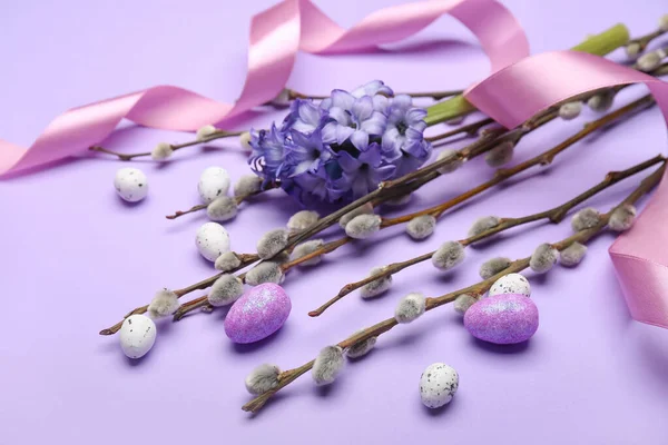 Pussy Willow Branches Painted Easter Eggs Hyacinth Flowers Lilac Background — Stock Photo, Image