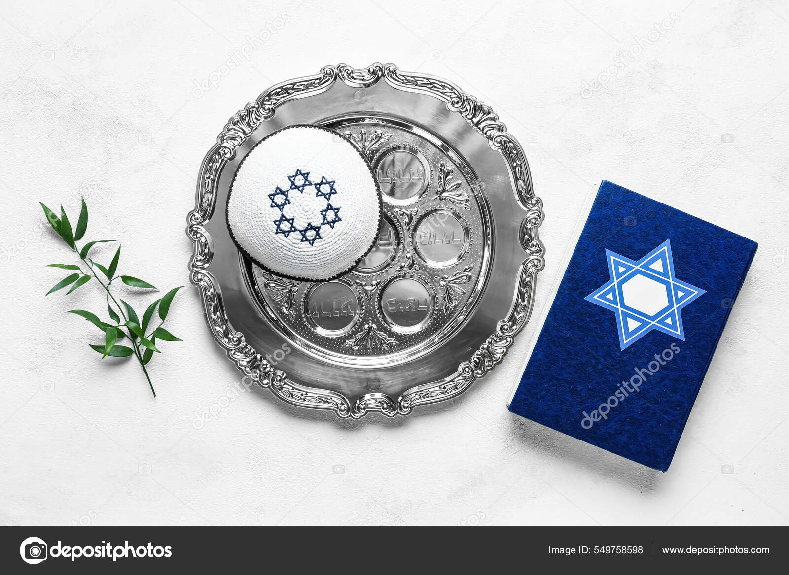 Passover Seder Plate Torah Kippah Light Background Stock Photo by