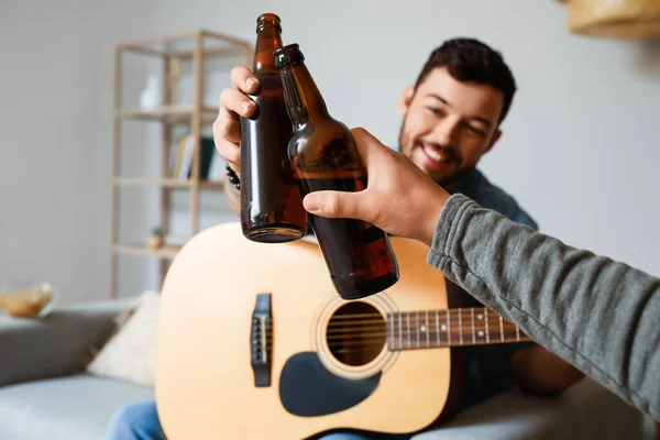 Male Friends Bottles Beer Guitar Home — Stock Photo, Image