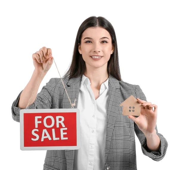 Female Real Estate Agent Sale Sign White Background — Stock Photo, Image