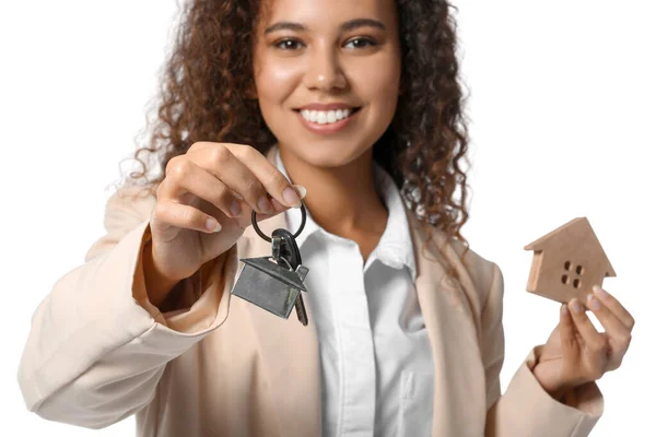African American Real Estate Agent Figure House Key White Background — Stock Photo, Image