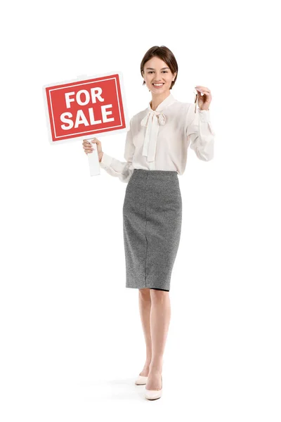 Žena Realitní Agent Nápisem Prodej Bílém Pozadí — Stock fotografie
