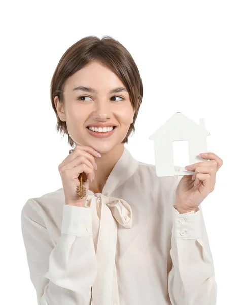 Female Real Estate Agent Figure House Key White Background — Stockfoto