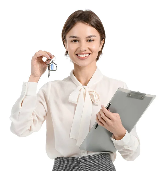 Female Real Estate Agent Clipboard Key White Background — Fotografia de Stock