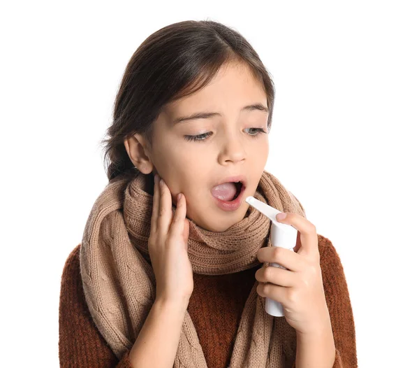 Little Girl Sore Throat Using Medical Spray White Background — Stock Photo, Image