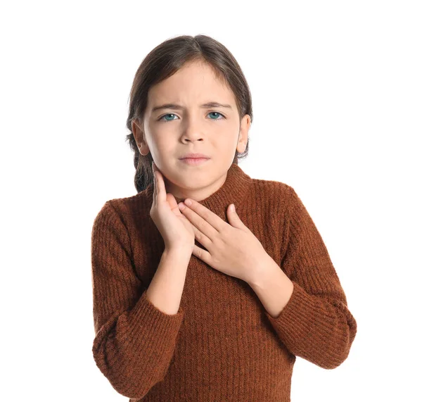 Menina Sofrendo Dor Garganta Fundo Branco — Fotografia de Stock