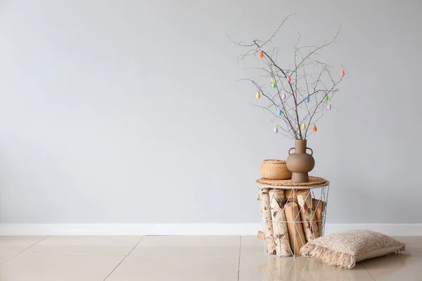 Vase Tree Branches Colorful Easter Eggs Basket Table Light Wall — Stock Photo, Image