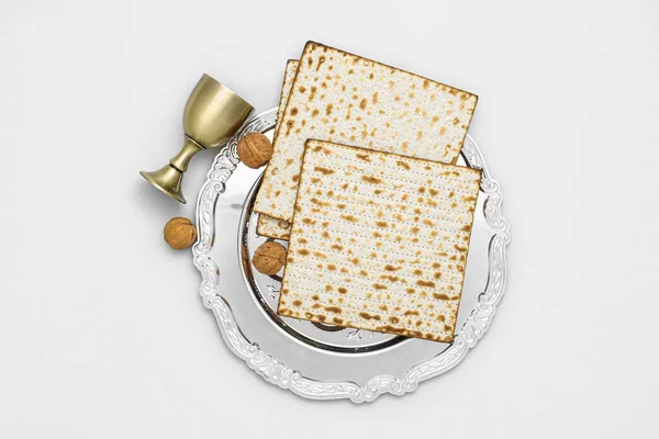 Passover Seder Plate Flatbread Matza Walnuts Cup Light Background — Stock Photo, Image