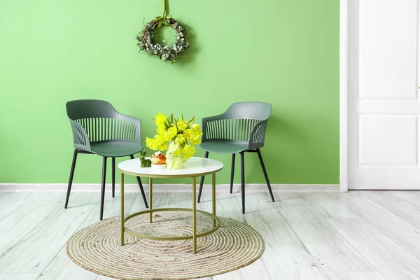 Interior Room Modern Furniture Easter Wreath Color Wall — Stock Photo, Image