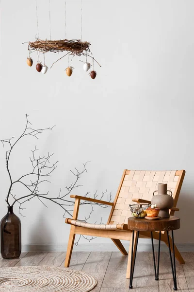 Vase Tree Branches Comfortable Armchair Stylish Easter Decor Light Wall — Stock Photo, Image