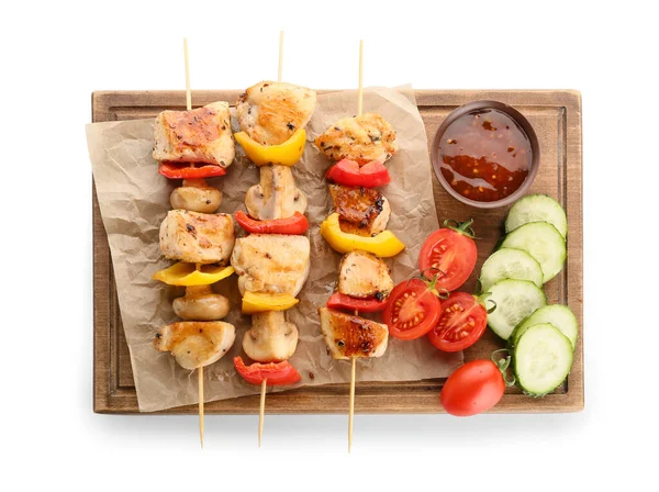 Wooden Board Grilled Chicken Skewers Vegetables Sauce Isolated White Background — Stock Photo, Image