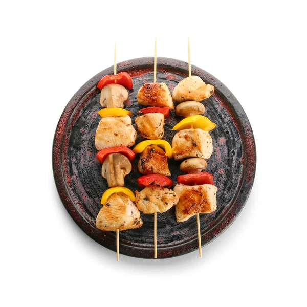 Plate Grilled Chicken Skewers Vegetables Isolated White Background — Stock Photo, Image