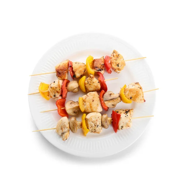 Plate Grilled Chicken Skewers Vegetables Isolated White Background — Stock Photo, Image