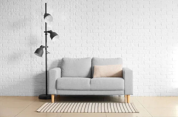 Stylish Sofa Lamp White Brick Wall — Stock Photo, Image