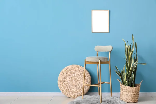 Stylish Chair Blank Poster Houseplant Blue Wall — Stock Photo, Image