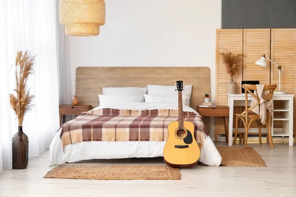 Interior Modern Bedroom Stylish Workplace Guitar — Stock Photo, Image