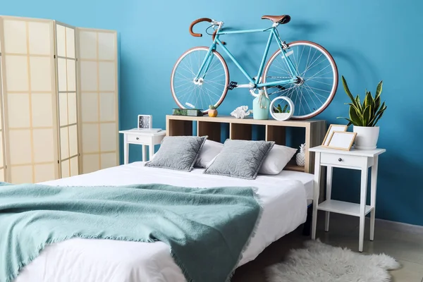 Interior Stylish Bedroom Modern Bicycle — Stock Photo, Image