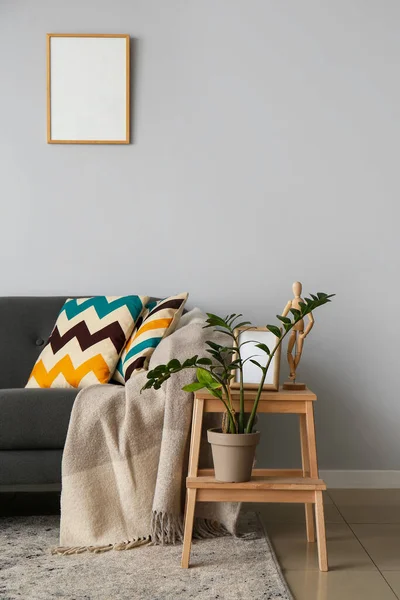 Comfortable Sofa Houseplant Step Ladder Light Wall — Stock Photo, Image