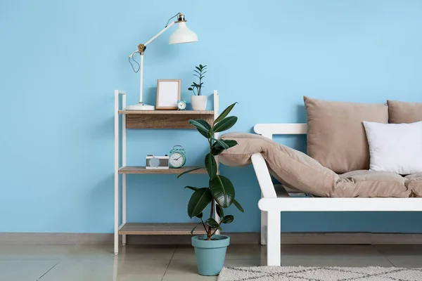 Bequemes Sofa Zimmerpflanzen Und Moderne Lampe Auf Dem Tisch Der — Stockfoto