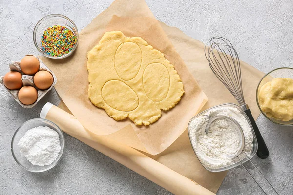 Fresh Dough Ingredients Preparing Easter Cookies Grey Background — Stock Photo, Image