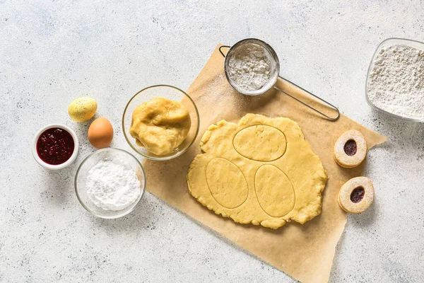 Fresh Dough Ingredients Preparing Easter Cookies Light Background — Stock Photo, Image