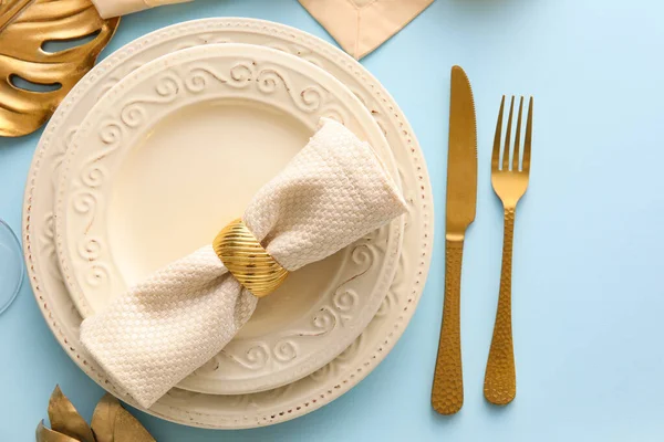 Elegant Table Setting Blue Background — Stock Photo, Image