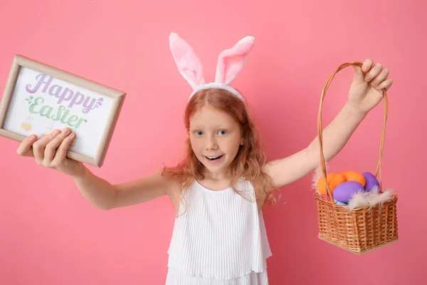Cute Little Girl Bunny Ears Greeting Card Easter Basket Color — Stock Photo, Image