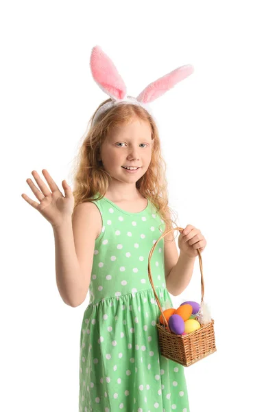 Niña Divertida Con Orejas Conejo Cesta Pascua Sobre Fondo Blanco —  Fotos de Stock