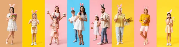 Group People Bunny Ears Easter Eggs Color Background — Stock Photo, Image