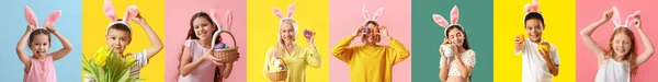 Gruppe Von Menschen Mit Hasenohren Und Ostereiern Auf Farbigem Hintergrund — Stockfoto