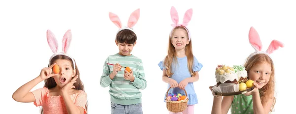 Tavşan Kulaklı Bir Grup Çocuk Beyaz Arka Planda Paskalya Yumurtası — Stok fotoğraf