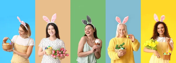 Skupina Žen Králičími Ušima Velikonoční Vajíčka Dort Barevném Pozadí — Stock fotografie