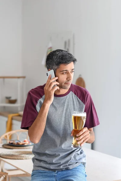 Handsome Man Glass Beer Talking Mobile Phone Kitchen — Stock Photo, Image