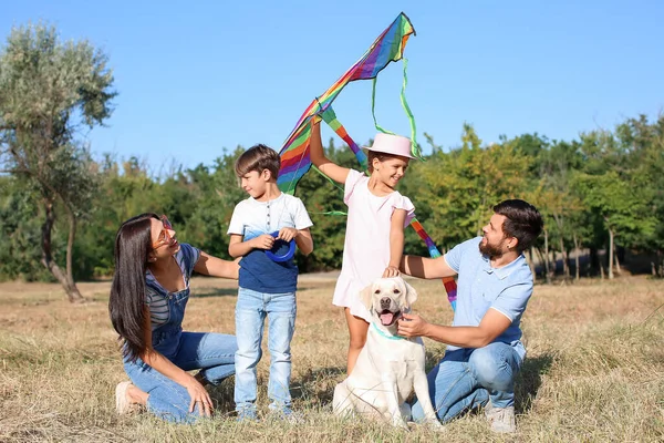 Lycklig Familj Med Söt Hund Och Drake Parken — Stockfoto