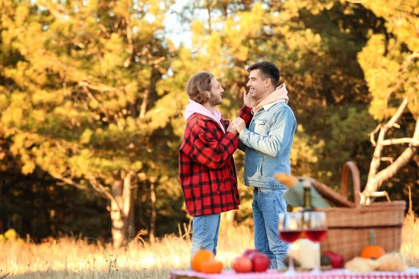 Gelukkig Gay Paar Having Picknick Buiten — Stockfoto