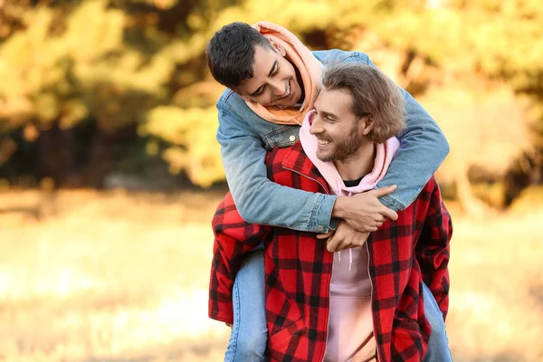 幸せなゲイカップルで秋公園 — ストック写真