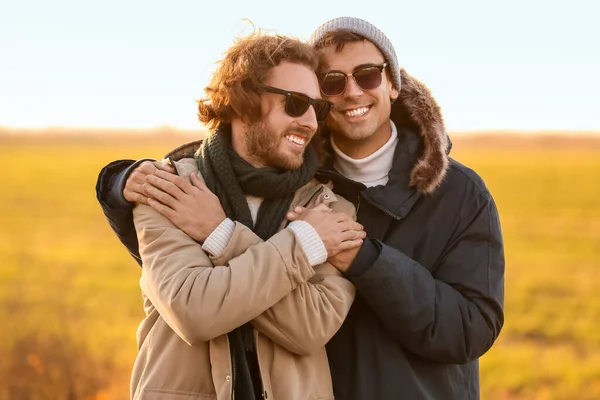 Happy Gay Couple Autumn Field — Stock Photo, Image