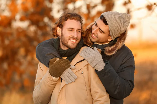 Portrait Happy Gay Couple Autumn Park — Stock Photo, Image