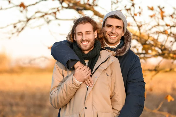 Portrait Happy Gay Couple Autumn Park — Stock Photo, Image