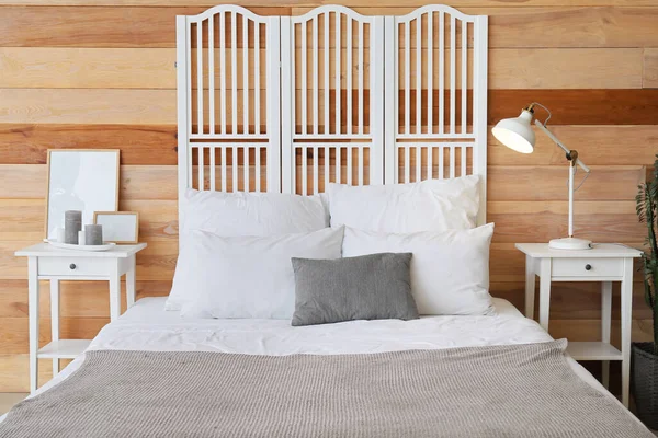 Interior Modern Bedroom Wooden Wall — Stock Photo, Image