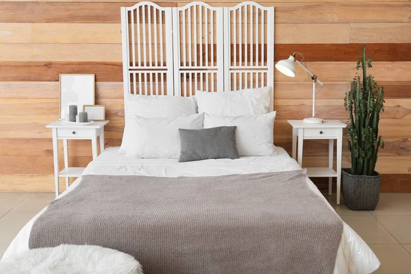 Interior Modern Bedroom Wooden Wall — Stock Photo, Image