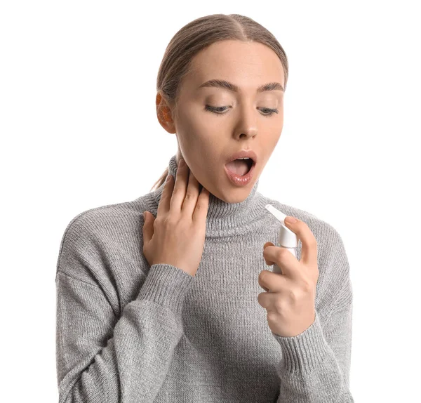 Ill Young Woman Inhaler Isolated White — Stock Photo, Image