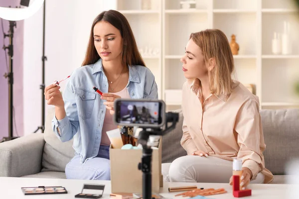 Young Female Beauty Bloggers Recording Video Studio — Stock Photo, Image