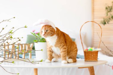 Tavşan kulaklı ve sepetli şirin kedi ve masada Paskalya yumurtaları.