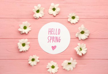 Renkli ahşap arka planda Hello İlkbaharı ve kasımpatı çiçekleri içeren kart