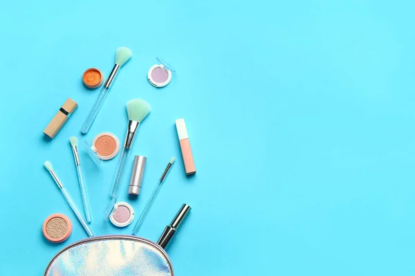 Composition Makeup Brushes Cosmetic Products Blue Background — Stock Photo, Image