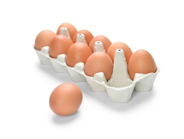 Houder Met Bruine Eieren Witte Achtergrond — Stockfoto