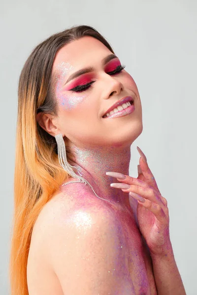 Fashionable Young Transgender Woman Glitters Body Light Background — Stock Photo, Image